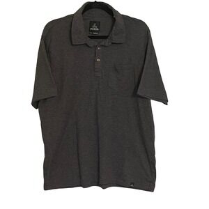 Prana Mens Large Gray Striped Short Sleeve Polo‎ Shirt Pocket Breathable Casual